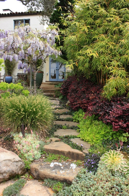 garden walkway, garden pathway,flagstone stairs, flagstone path, Spanish garden, mediterranean Garden, steps, stepping stones, succulents,