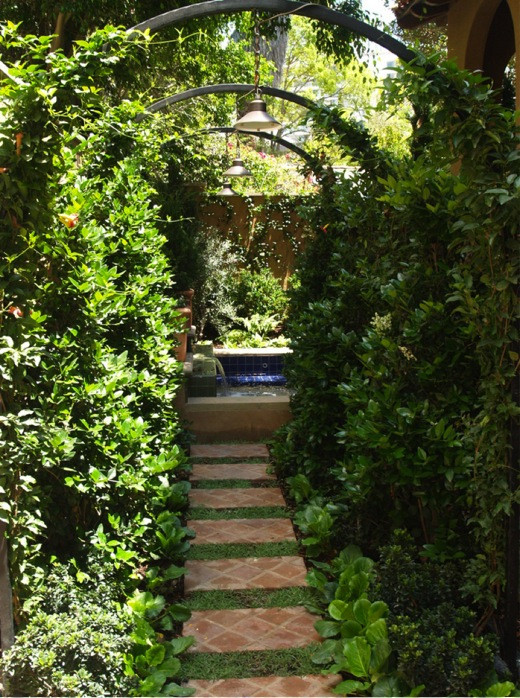 Pathway, Walkway, Side Yard, custom malibu tile, fountain,lions head,metal arches, vines,water feature, Integration Design Studio