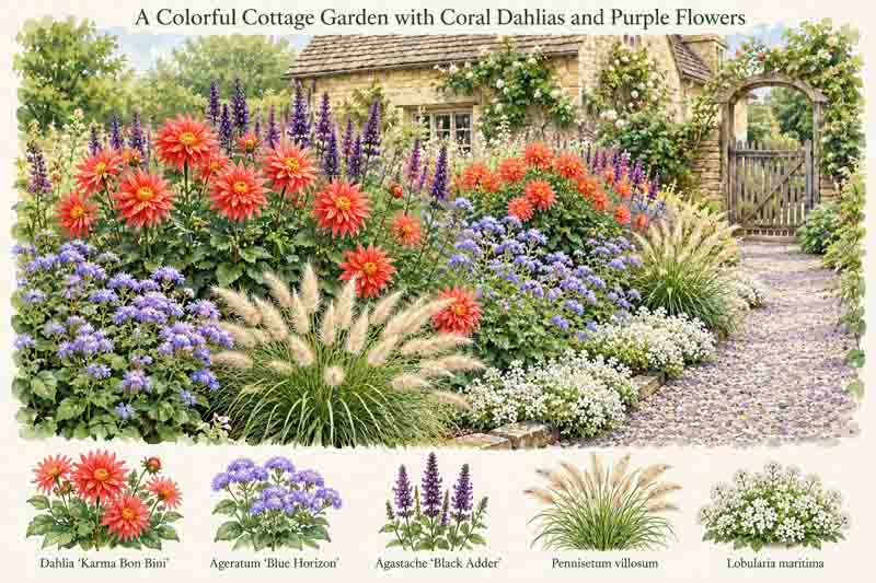 Garden Plan, Colorful Cottage Garden with Pennisetum villosum, Lobularia maritima, Ageratum 'Blue Horizon, dahlia karma bon bini and agastache black adder