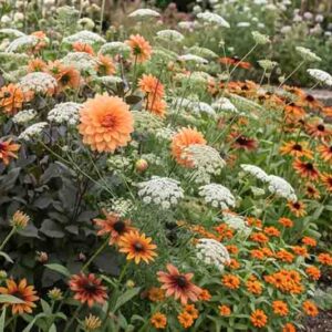 Romantic cottage garden with Dahlia David Howard, Ammi visnaga, Rudbeckia 'Autumn Colours', Zinnia 'Profusion Orange'