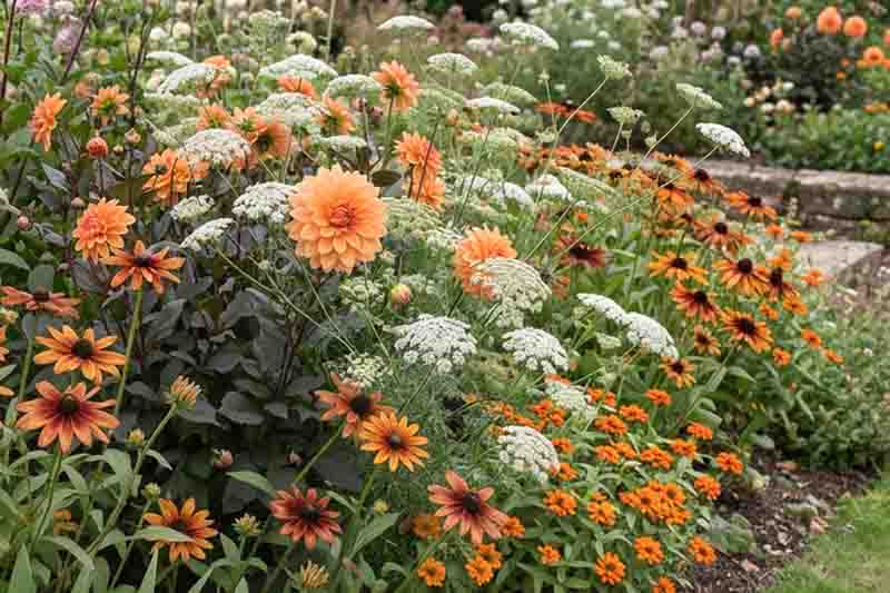 Romantic cottage garden with Dahlia David Howard, Ammi visnaga, Rudbeckia 'Autumn Colours', Zinnia 'Profusion Orange'