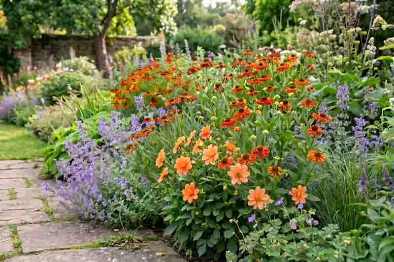 Cottage Garden Dahlia Border with Dahlia 'Hemerik', Helenium 'Luc', Nepeta 'Walkers Low