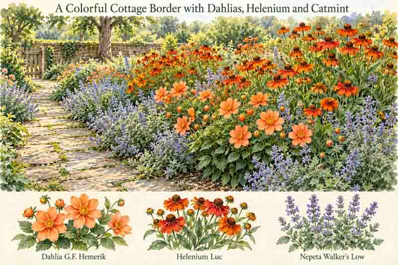 Garden Plan, Cottage Garden Dahlia Border with Dahlia 'Hemerik', Helenium 'Luc', Nepeta 'Walkers Low