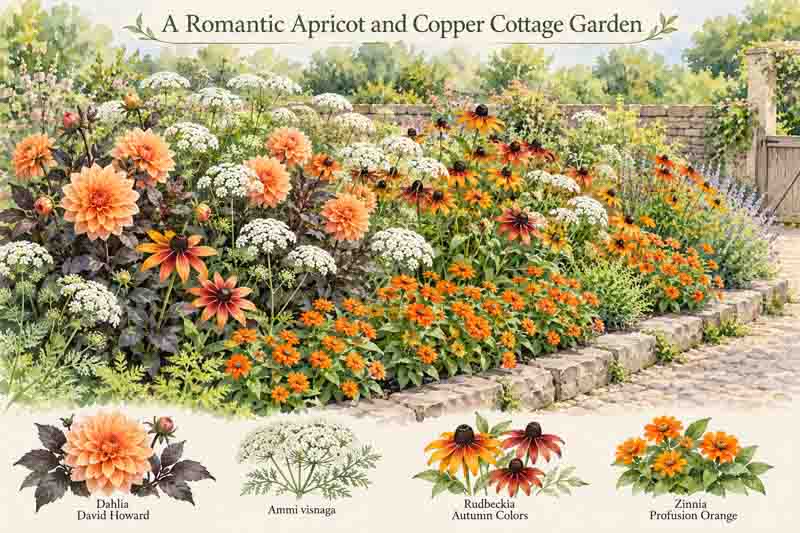 Garden plan, Romantic Apricot Cottage Garden with Dahlia David Howard, Ammi visnaga, Rudbeckia 'Autumn Colours', Zinnia 'Profusion Orange'