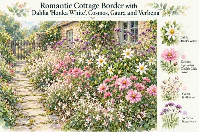 Garden plan, Romantic Cottage Garden with Dahlia 'Honka White', Cosmos bipinnatus Double Click Rose, Gaura lindheimeri and Verbena bonariensis