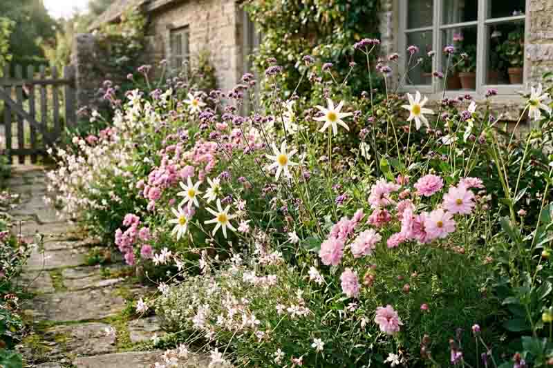Romantic Cottage garden with Dahlia 'Honka White', Cosmos bipinnatus Double Click Rose, Gaura lindheimeri and Verbena bonariensis