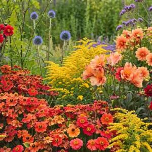 Goldenrod, Helenium, Dahlia, Peruvian Lily, Globe thistle, Verbena
