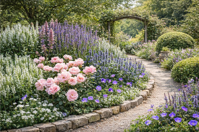 Rosa Bonica, Salvia nemorosa Snow Hill, Salvia nemorosa Blue Hill, Geranium Rozanne.png