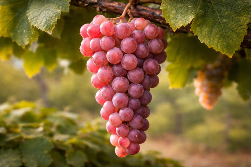 Ripe Reliance seedless grapes on vine, pink-red table grape for home gardens
