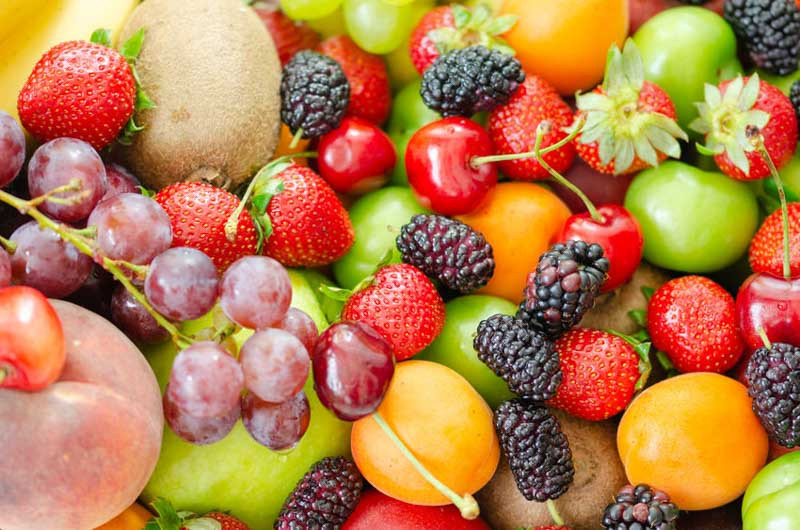 Fruit, strawberries, raspberries, apples, apricots, grapes, blueberries, kiwis, prunes