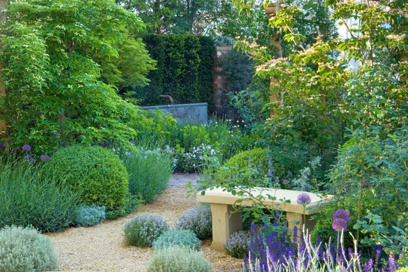 Mixed garden bed featuring lavender, thyme, and various flowering shrubs with a decorative stone bench