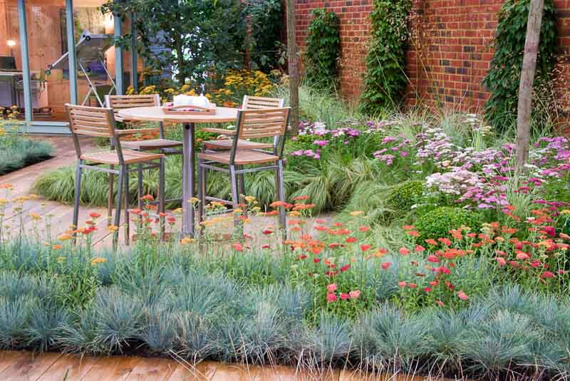 Garden Ideas, Border ideas, Perennial Planting, Perennial combination, Summer Border, Achillea Terracotta, Festuca glauca Elijah Blue, Achillea ‘Summer Pastels', Buxus sempervirens, Carex comans forsted curls, Stipa tenuissima