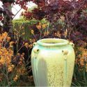Garden Ideas, Landscaping ideas, pathway, walkway, treillis, arbors, side yard, urn, Mediterranean Garden, Goodman Landscape design, kangaroo paws, smoke bush, anigozanthos,Cotinus Coggygrya