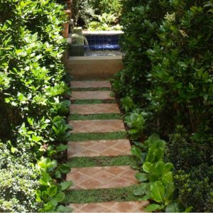 Garden Ideas, Landscaping ideas, pathway, walkway, arches, arbors, fountain, pool, Malibu tiles, side yard