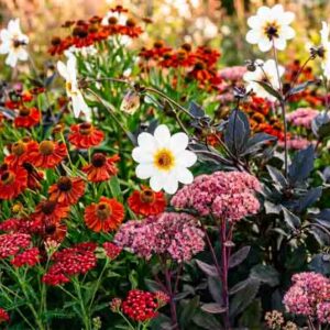 Late summer garden with Helenium 'Moreheim Beauty', Sedum Matron and Achillea 'Desert Eve Red', Dahlia 'Twyning's After Eight'