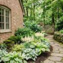 A Charming Narrow Side-Yard Garden for Shade with Brunnera macrophylla 'Jack Frost', Hosta ‘June', Astilbe 'Deutschland', Epimedium ’Sulfureum'