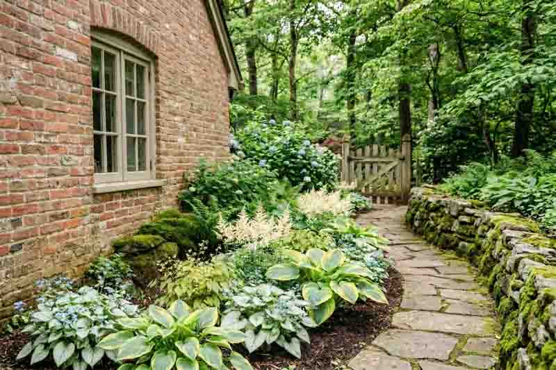 A Charming Narrow Side-Yard Garden for Shade with Brunnera macrophylla 'Jack Frost', Hosta ‘June', Astilbe 'Deutschland', Epimedium ’Sulfureum'