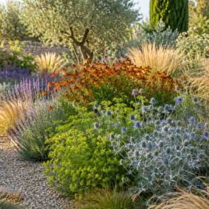 Eryngium and Euphorbia, Gravel garden in late summer with perennials and grasses - helenium, Lavandula, stipa, Mediterranean garden