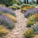 Garden ideas, Border ideas, Plant Combinations, Flowerbeds Ideas, Summer Borders, Gravel Garden, Mediterranean Garden, Sea Holly, Eryngium Giganteum,Helenium, Sneezeweed, Lavender, Lavandula, Stipa Tenuissima,