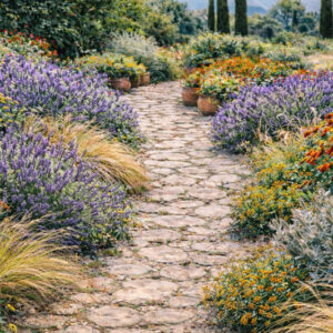 Garden ideas, Border ideas, Plant Combinations, Flowerbeds Ideas, Summer Borders, Gravel Garden, Mediterranean Garden, Sea Holly, Eryngium Giganteum,Helenium, Sneezeweed, Lavender, Lavandula, Stipa Tenuissima,