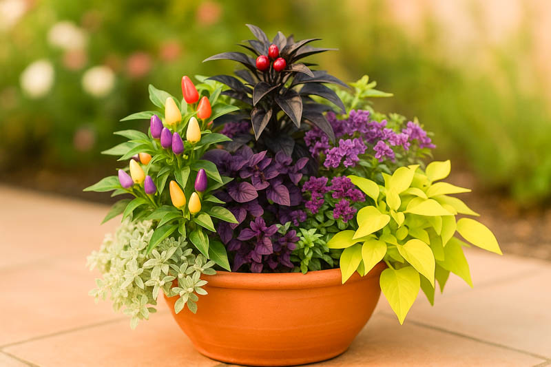 Black Pearl Pepper,  Black Hungarian Pepper, Bolivian Rainbow Pepper, purple basil, Silver licorice , Helichrysum petiolare, chartreuse sweet potato vine,Ipomoea batatas,