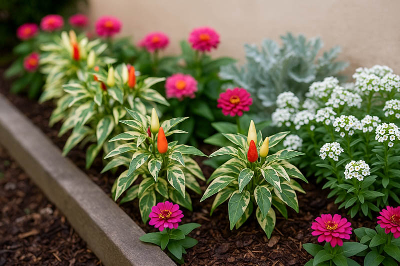 dusty miller, magenta zinnias)., Variegated courtyard (Fish + Candy Cane Red anchors with white alyssum