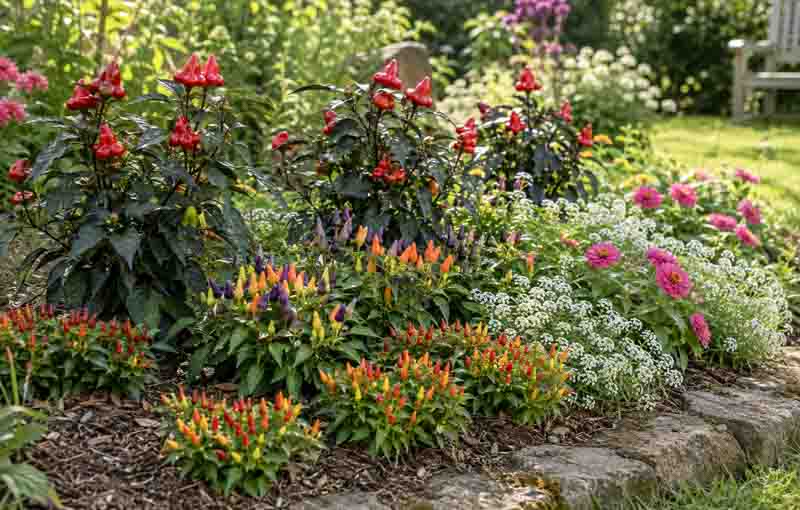Chinese Five-Color, NuMex Twilight mid, golden hour), mulched, Sunset alley border (Bishop’s Crown back row, Sweet Pickle/Chilly Chili front