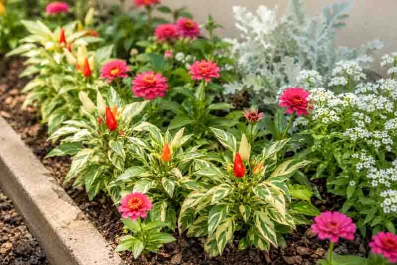 dusty miller, magenta zinnias)., Variegated courtyard (Fish + Candy Cane Red anchors with white alyssum