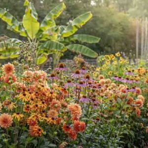 A colourful late summer border with rudbeckia, and bananas, Echinacea Dahlias, Eriobotrya japonica, Musa basjoo.