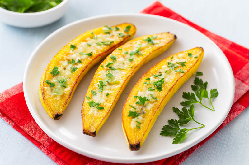 baked sweet plantain boats filled with cheese and herbs