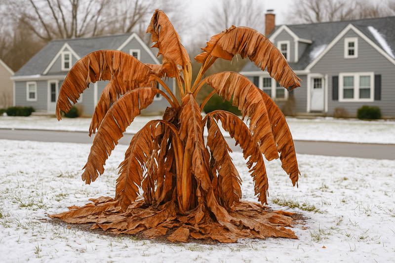 Frost on banana leaves at sunrise
