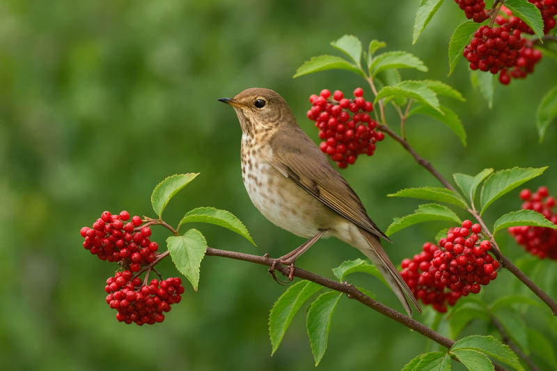 Bird on Sambucus racemosa, Red Elderberry, European Red Elder, Red-Berried Elder, Scarlet Elderberry, Shrub with Berries,