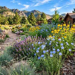 A Low-Water Prairie Garden with Blue and Gold Flowers. Linum lewisii, Ratibida columnifera, Dalea purpurea, Bouteloua gracilis