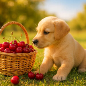 Can dogs eat cherries, dog and basket of cherries