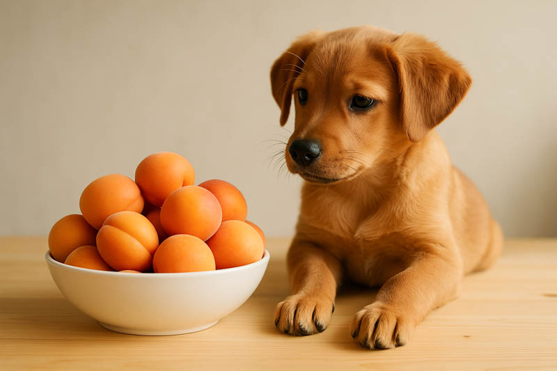 Dog near sliced apricots on a counter, fruit out of reach