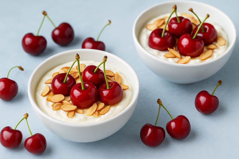 Yogurt bowl topped with fresh cherries and sliced almonds