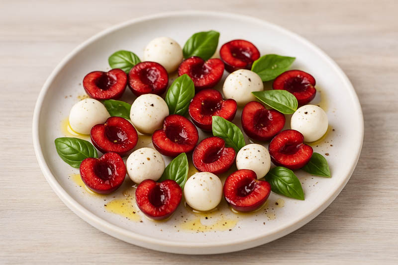 Sliced cherries with mozzarella and basil on a white plate
