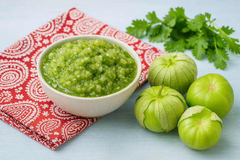 Bowl of tomatillo salsa verde with chips and lime wedges