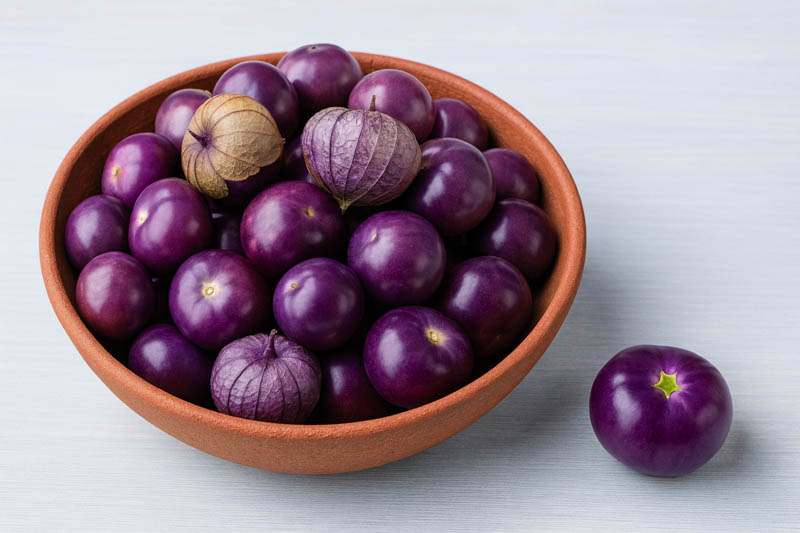 Purple tomatillo fruits ripening on supported vines