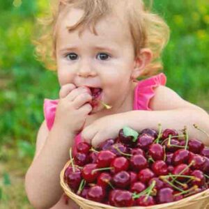 The child eats cherries in the garden. Selective focus. Food.