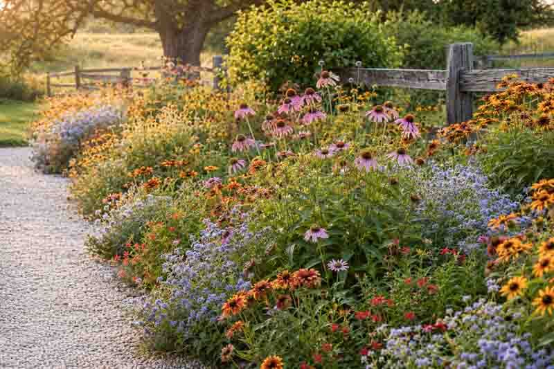 A vibrant wildflower border with coneflower, Indian blanket, mistflower, and autumn sage. Easy, drought-tolerant, and full of pollinators