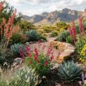 A colorful mix of heat-loving plants, Penstemon parryi, Hesperaloe parviflora, Red yucca, Salvia greggii, Autumn sage, Blue grama grass, Encelia farinosa, Brittlebush, Agave parryi – Parry’s agave