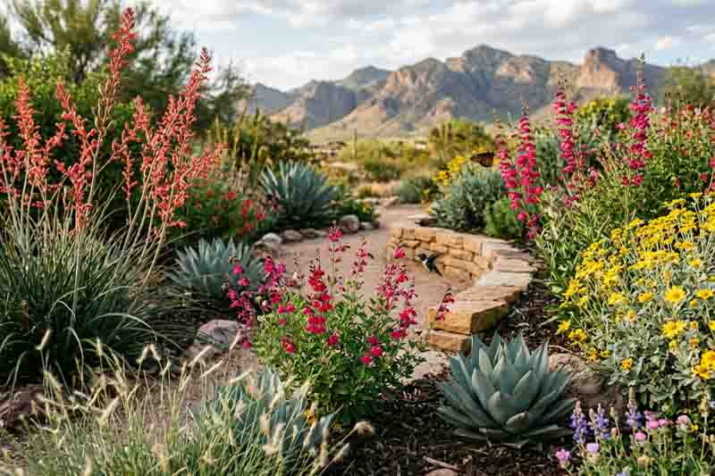 A colorful mix of heat-loving plants, Penstemon parryi, Hesperaloe parviflora, Red yucca, Salvia greggii, Autumn sage, Blue grama grass, Encelia farinosa, Brittlebush, Agave parryi – Parry’s agave