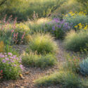 A colorful mix of heat-loving plants, Penstemon parryi, Hesperaloe parviflora, Red yucca, Salvia greggii, Autumn sage, Blue grama grass, Encelia farinosa, Brittlebush, Agave parryi – Parry’s agave