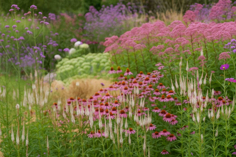 Prairie style pollinator border with Echinacea Veronicastrum Sedum Geranium Verbena Stipa and Hydrangea