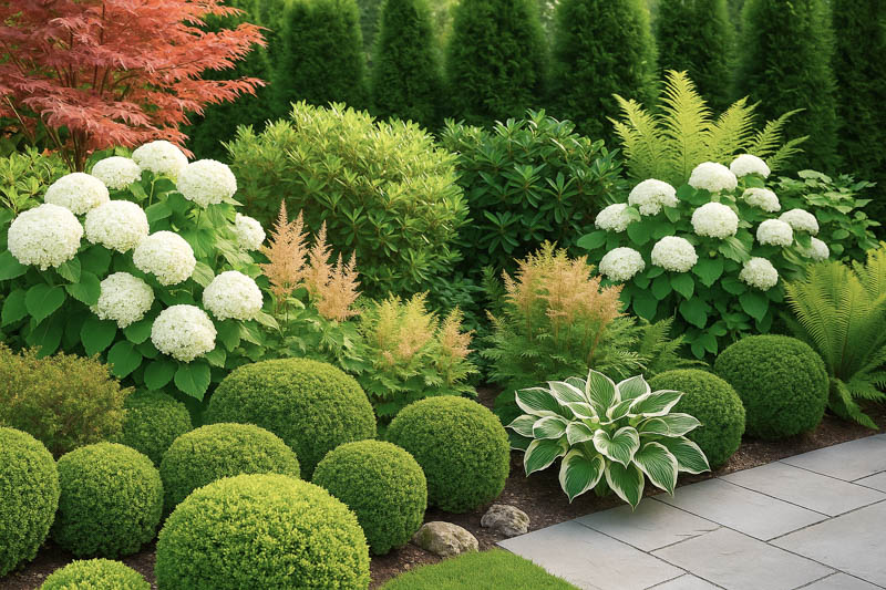 Shade garden, Hydrangea, boxwood, astilbe, Japanese mapple