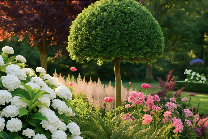 Garden Ideas, Landscaping ideas, Plant Combinations, Summer Borders, Fall Borders, Hydrangea arborescens Annabelle, Rose Ballerina, Plum Tree, Prunus cerasifera, Heuchera 'Plum Royale', Coral Bells,Astilbe 'Deutschland', Astilbe japonica