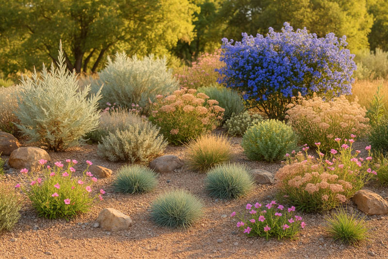 Native Garden, California Dry Garden, Salvia apiana, White sage,,Eriogonum fasciculatum, California buckwheat, Artemisia californica, California sagebrush, Festuca californica, California fescue,Ceanothus‘Concha’, oenothera speciosa, evening primrose