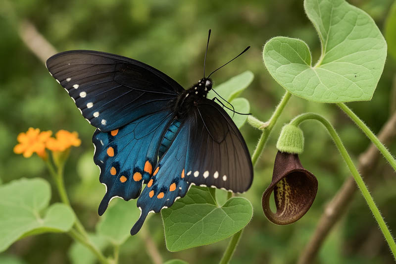 Pipevine Swallowtail butterfly on pipevine plant