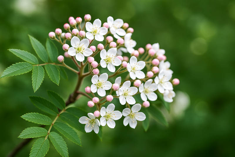 Rowan tree with white berries, Kashmir Rowan, Sorbus cashmiriana fruit and blossom